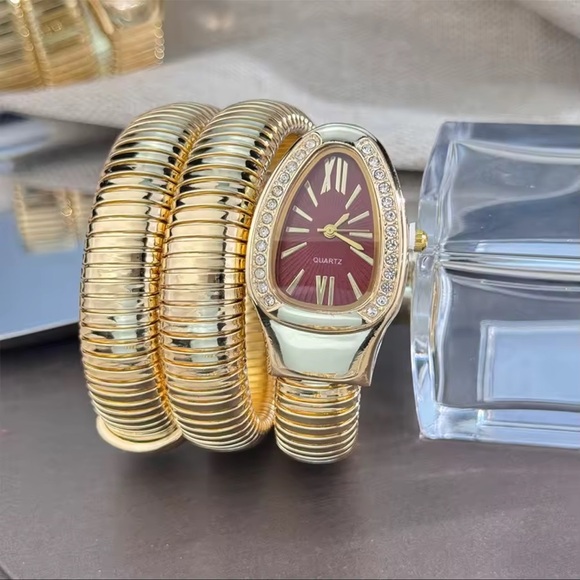 Serpenti Snake Wrap Elegant Gold Women's Watch with Burgundy Dial - Picture 1 of 4
